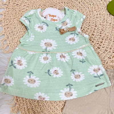 Conj. Regata Florzinhas e Short - Verde e Areia